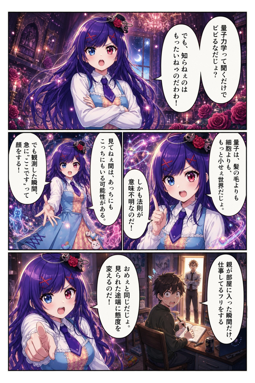 量子力学の観測と振る舞いをロマ子様が説明する4コマ漫画・前編